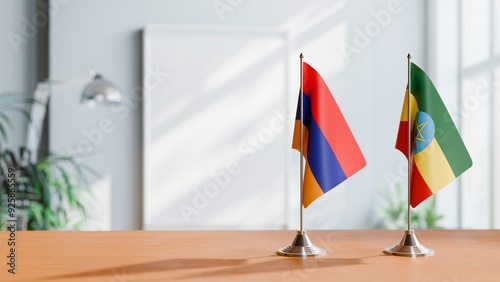 FLAGS OF ARMENIA AND ETHIOPIA  ON TABLE photo