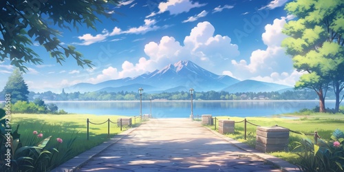 Wallpaper Mural Lakeside Promenade with a Stunning Mountain View: An Anime-Style Abstract Art for Gaming and Storybook Illustrations in 4K wallpaper, book illustrations and picture books Torontodigital.ca