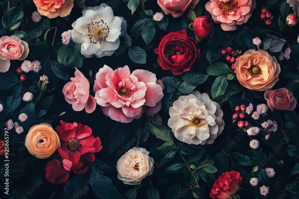 Timeless display of beautiful flowers against a deep background. Botanical artistry in a vintage style. Natural motif wallpaper or greeting card design Timeless display of beautiful flowers against a deep background. Botanical artistry in a vintage style. Natural motif wallpaper or greeting card design