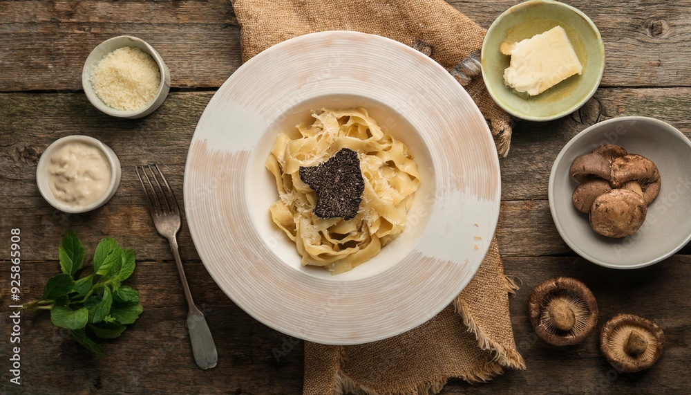 Fuzi istrian pasta with black truffle tartufo mashroom and cream traditional food Fuzi istrian pasta with black truffle tartufo mashroom and cream traditional food