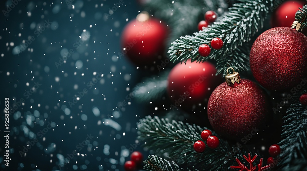 Festive Christmas ornaments on evergreen branches with falling snow Festive Christmas ornaments on evergreen branches with falling snow