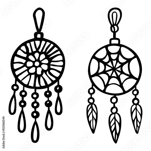 Set of dream catchers hand drawn doodle. Ammulets to protect sleep. Bedroom interior decor. Good night. Vector outline line art illustration.