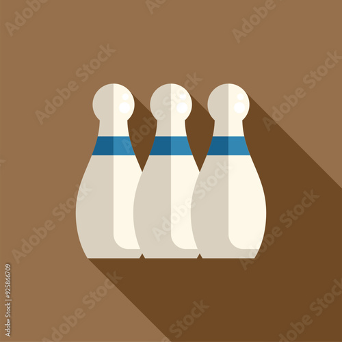 Three white and blue bowling pins standing in a row casting a long shadow on a brown background