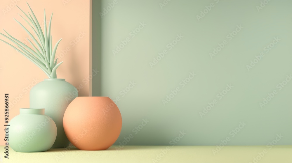 Modern minimalist still life with pastel vases and green leaves, positioned against a pastel color wall background with soft lighting. Modern minimalist still life with pastel vases and green leaves, positioned against a pastel color wall background with soft lighting.