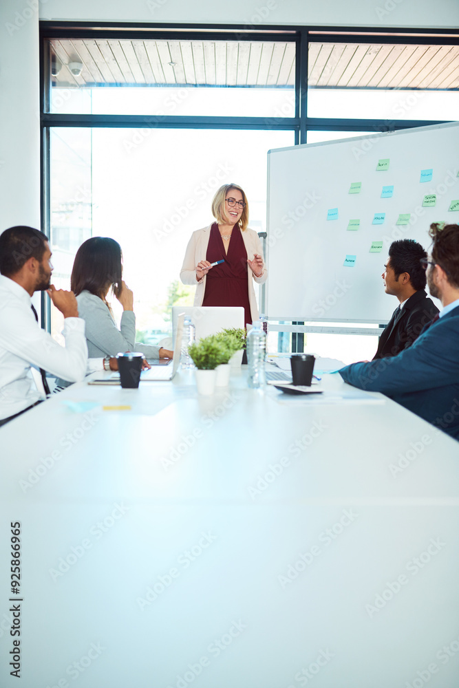 © SensSai/peopleimages.com - Business people, coaching or whiteboard in presentation for profit growth, discussion or meeting. Talking, team or woman speaking of training ideas for teaching, research and revenue increase advice