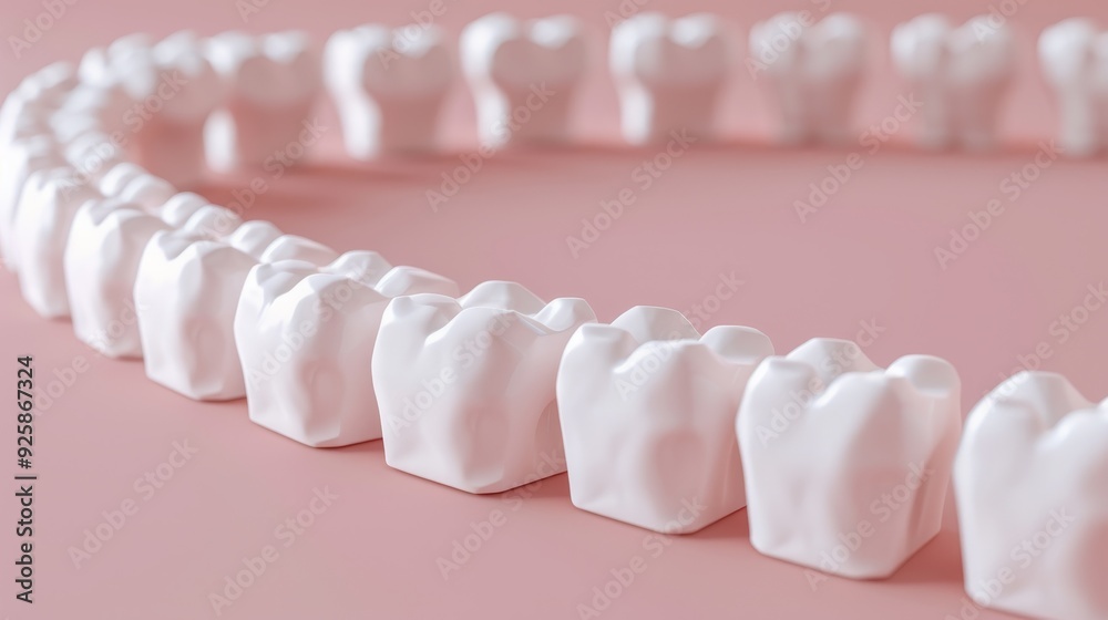 A close-up view of a circular arrangement of white dental teeth models on a soft pink background, symbolizing oral health.