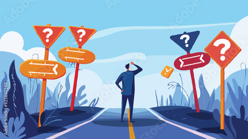 flat design Big Business decision making, career path, choose the right way to success concept, confusing businessman looking at multiple road sign with question 