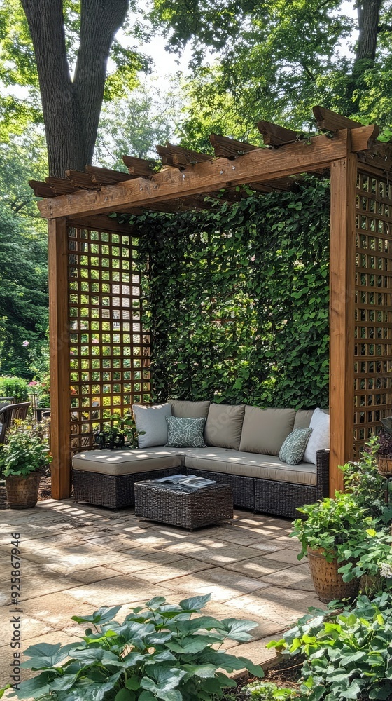 Obraz premium Modern wooden pergola with outdoor seating in garden.