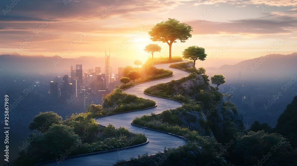 conceptual image of business development as a journey, with a winding road leading up to a shining city skyline conceptual image of business development as a journey, with a winding road leading up to a shining city skyline