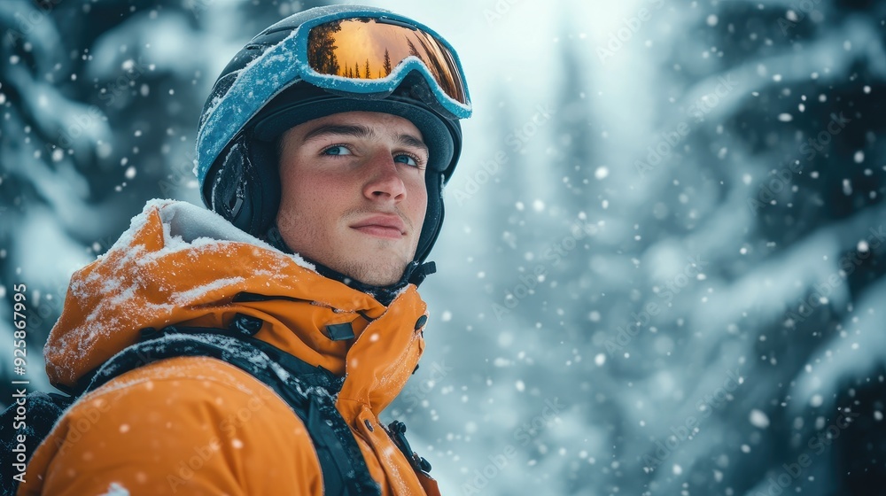 Young man wearing ski goggles standing in a snowy forest Young man wearing ski goggles standing in a snowy forest