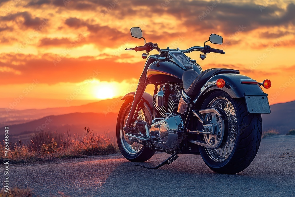 A stunning motorcycle parked on a rural road at sunset, highlighting its metallic parts against a dramatic sky, symbolizing freedom and adventure in a modern, artistic style. A stunning motorcycle parked on a rural road at sunset, highlighting its metallic parts against a dramatic sky, symbolizing freedom and adventure in a modern, artistic style.