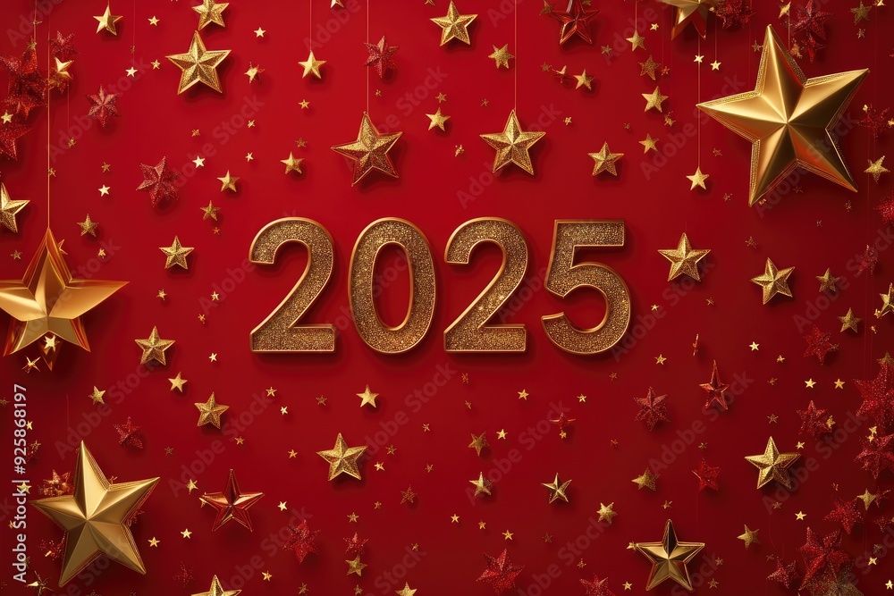 2025 golden glitter numbers on red background with stars and confetti for new year celebration 2025 golden glitter numbers on red background with stars and confetti for new year celebration