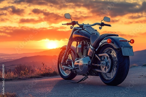 A stunning motorcycle parked on a rural road at sunset, highlighting its metallic parts against a dramatic sky, symbolizing freedom and adventure in a modern, artistic style.