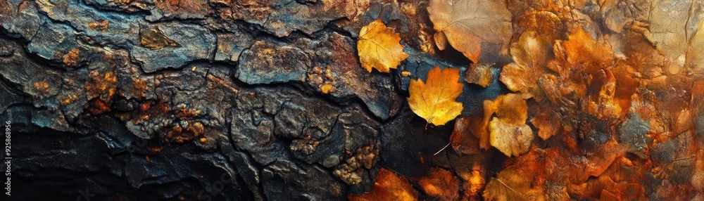 Close-up of textured bark with vibrant autumn leaves highlighting nature's beauty in warm tones.