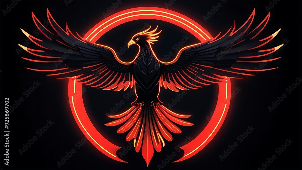 Black phoenix with glowing neon red and orange feathers suitable for fantasy book covers, posters, gaming, and mythical design projects. Black phoenix with glowing neon red and orange feathers suitable for fantasy book covers, posters, gaming, and mythical design projects.