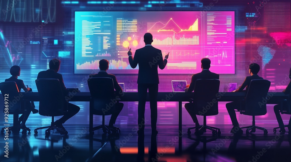 A business leader standing confidently at the head of a boardroom table, presenting a growth strategy to an engaged team A business leader standing confidently at the head of a boardroom table, presenting a growth strategy to an engaged team