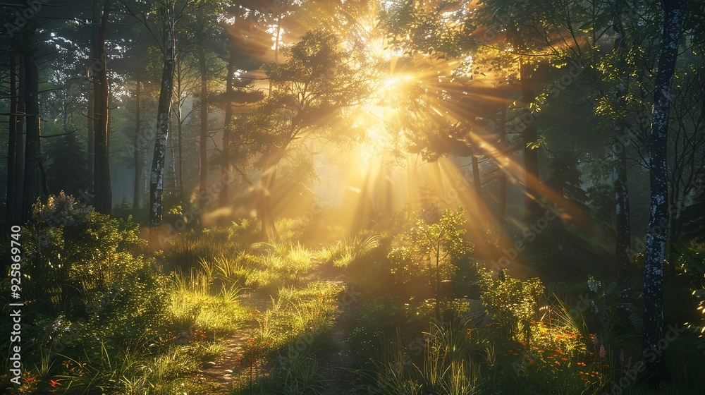 A misty morning in a dense forest with sun rays filtering through. A misty morning in a dense forest with sun rays filtering through.