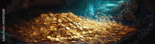 Pile of gold in a pirate s den, hidden fortune, watercolor style