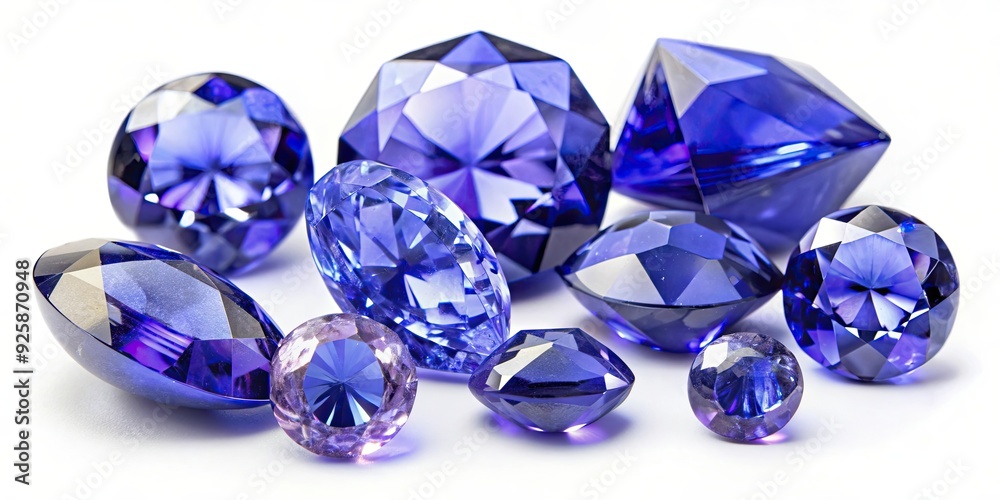 Faceted tanzanite gemstones in various shapes and sizes on a white background, tanzanite, gemstones, faceted, precious stones Faceted tanzanite gemstones in various shapes and sizes on a white background, tanzanite, gemstones, faceted, precious stones