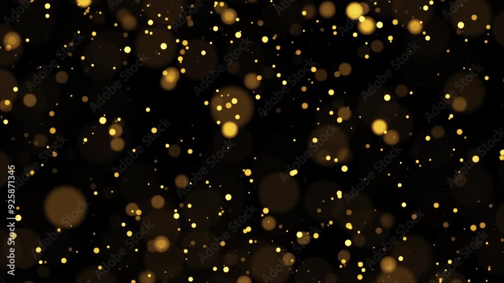 Abstract loop animation flickering glow gold bokeh bubble particles flying on black background for screen project overlay. 4K 3D seamless looping orange red gold bokeh particles dust fly in the air.
