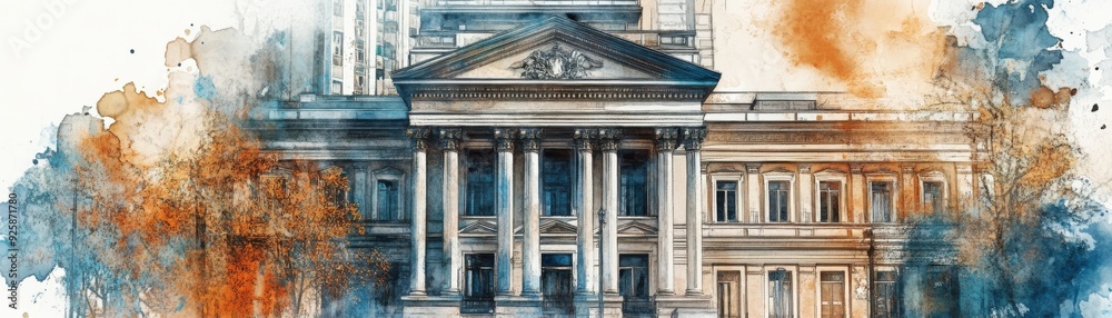 Banking building, grand facade, economic power, watercolor style Banking building, grand facade, economic power, watercolor style