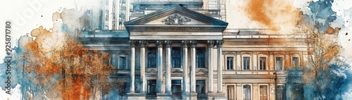 Banking building, grand facade, economic power, watercolor style