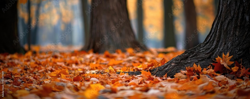 A serene autumn scene with vibrant orange leaves blanketing the ground under tall trees, showcasing nature's seasonal beauty. A serene autumn scene with vibrant orange leaves blanketing the ground under tall trees, showcasing nature's seasonal beauty.
