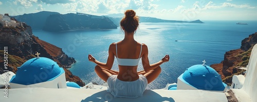 Person meditating on a chic balcony overlooking Santorinis iconic blue domes, Meditation, stylish destination retreat photo