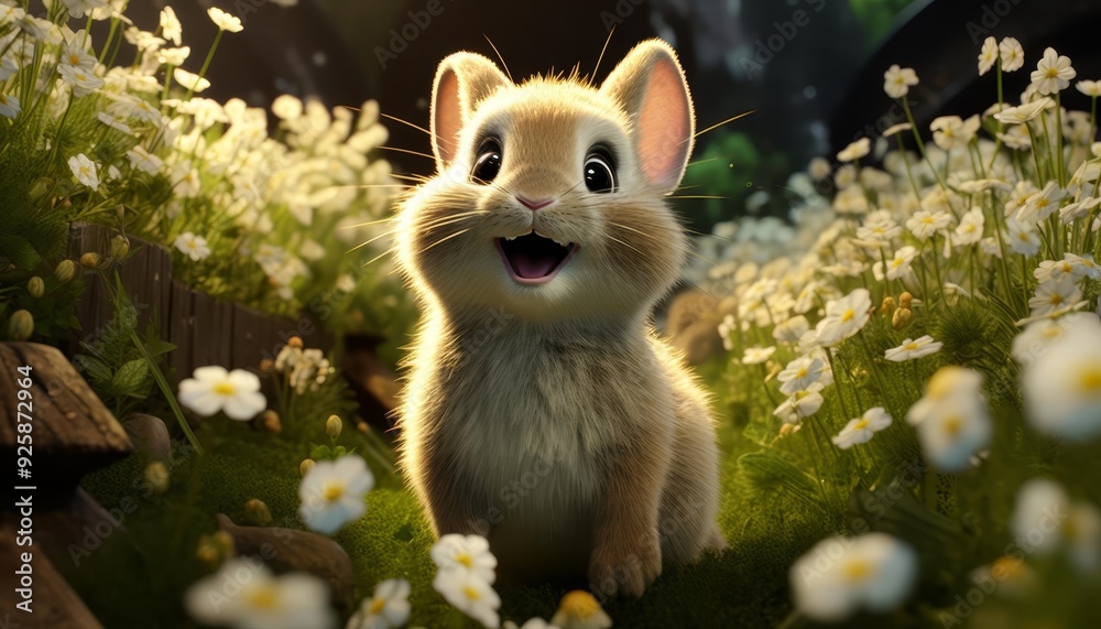 A cheerful rabbit sitting in a patch of clover in a garden illustration A cheerful rabbit sitting in a patch of clover in a garden illustration