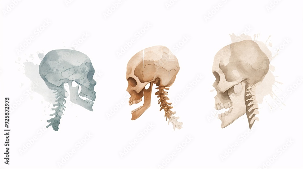Hand-drawn schematic showing the effects of osteoporosis on the human bones, watercolor style, on a white background Hand-drawn schematic showing the effects of osteoporosis on the human bones, watercolor style, on a white background