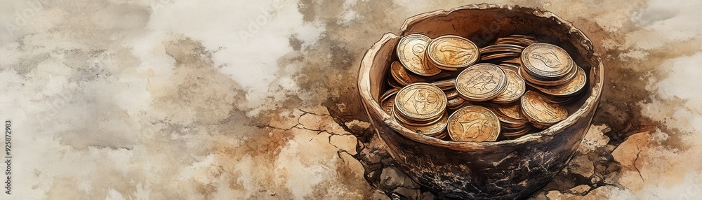 Ancient coins in a cracked pot, archaeological wealth, watercolor style
