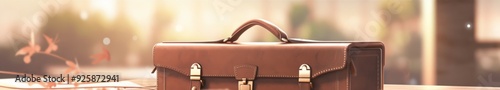 Brand Model Concept Highlighted: A Brown Leather Briefcase on a Wooden Desk with a Blurred Café Background, AI-Generated photo