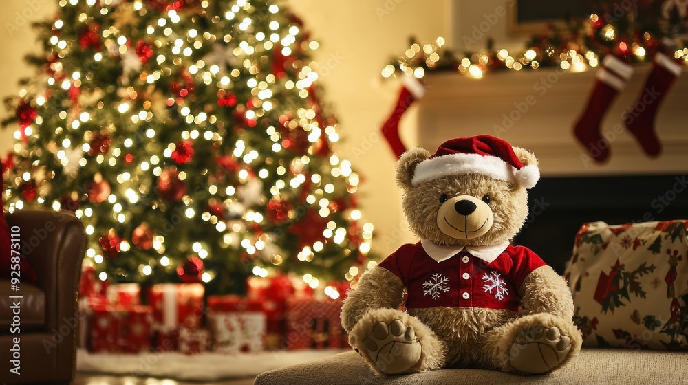A cozy living room scene with a festive Christmas tree glowing with warm lights. A teddy bear, wearing a red and white shirt and a Christmas hat, sits beside the tree. A cozy living room scene with a festive Christmas tree glowing with warm lights. A teddy bear, wearing a red and white shirt and a Christmas hat, sits beside the tree.