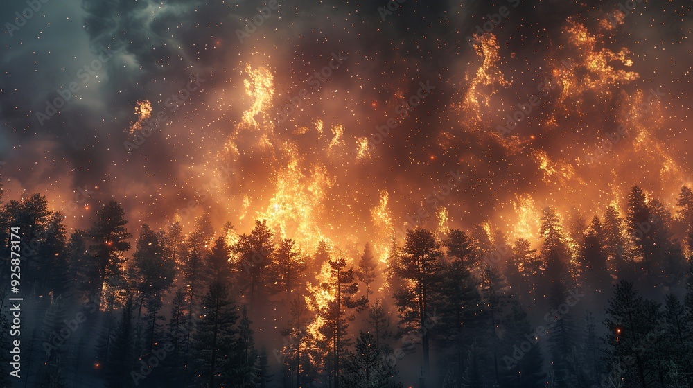 A forest fire burning through the trees, with smoke filling the air and flames reaching for the sky. A forest fire burning through the trees, with smoke filling the air and flames reaching for the sky.