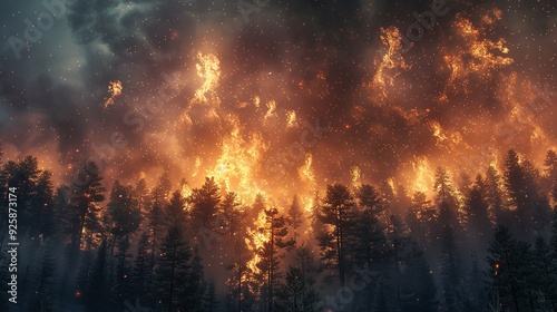 A forest fire burning through the trees, with smoke filling the air and flames reaching for the sky.