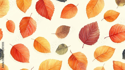 Colorful autumn leaves scattered on a light background