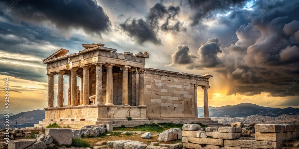 Obraz premium Stormy sky over iconic Erechtheum temple in Acropolis at Athens, Greece, stormy, sky, Erechtheum temple, Acropolis, Athens