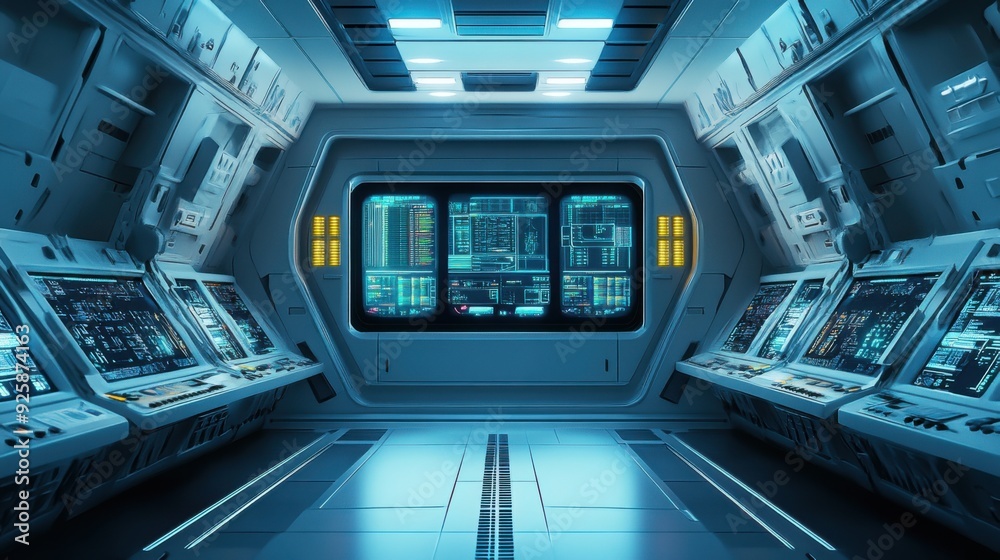 Fototapeta premium Futuristic Spaceship Interior with Holographic Controls and Panoramic Views, 3D Illustration of High-Tech Spacecraft Cabin