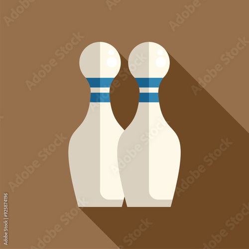 Two white bowling pins with blue stripes standing on brown background with long shadow