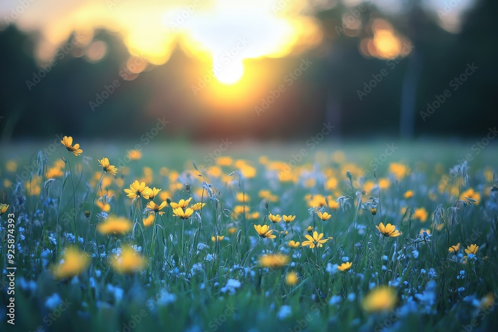 Fototapeta premium Tranquil meadow of yellow blooms beneath a gentle sky of blue and green during a cozy evening. Calm outdoors in spring and summer, framed by a faded wooded landscape. An ideal soothing view