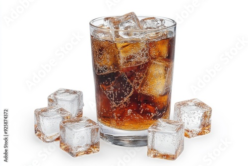 Chilled soda in a cup surrounded by ice cubes on a transparent background photo