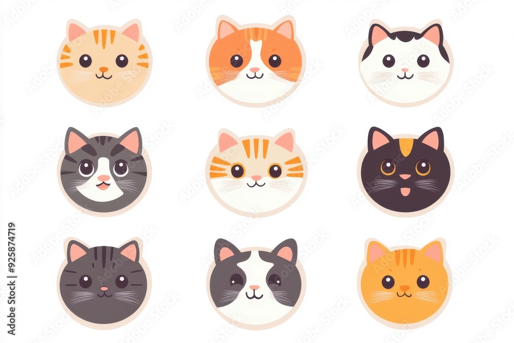 Charming cat face icon set: cute kittens, diverse breeds, color variations, unique patterns, and facial expressions. Playful cartoon figures. Delightful baby art. Simple layout on a bright backdrop Charming cat face icon set: cute kittens, diverse breeds, color variations, unique patterns, and facial expressions. Playful cartoon figures. Delightful baby art. Simple layout on a bright backdrop