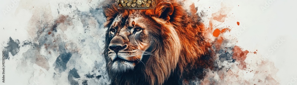 Naklejka premium Portrait of a lion with a crown of coins, power and wealth, watercolor style