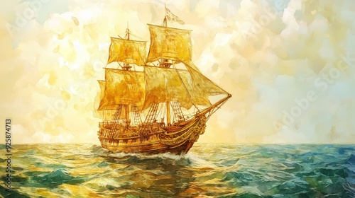 Golden ship sailing on a sea of money, fortune and adventure, watercolor style