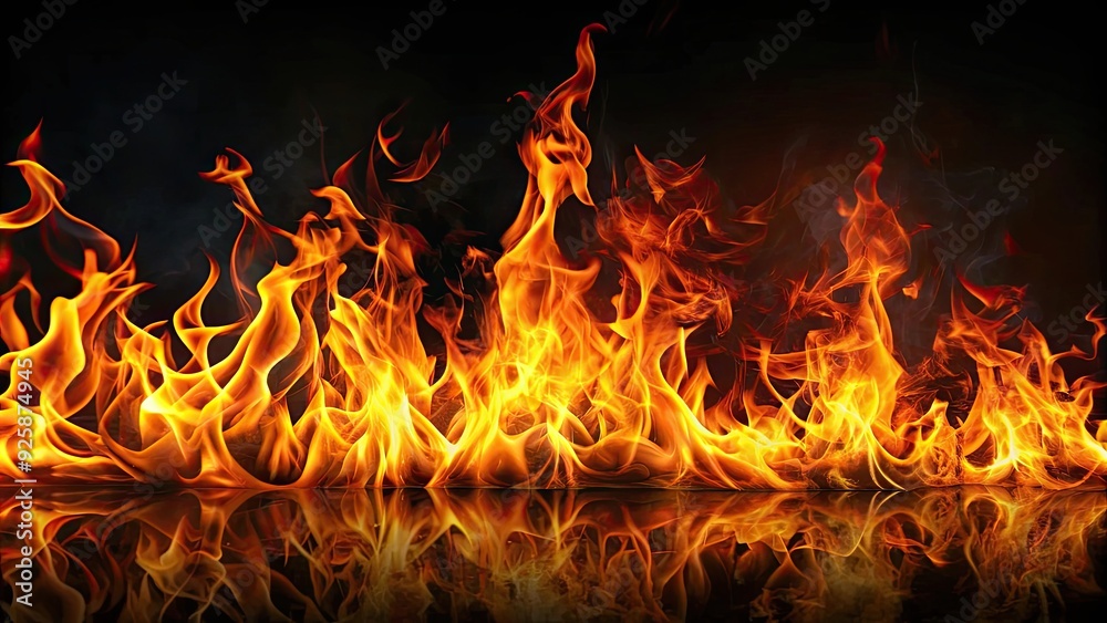 Fototapeta premium Fiery flames dancing on a dark background, fire, flames, heat, burning, glowing, hot, inferno, black, background, abstract