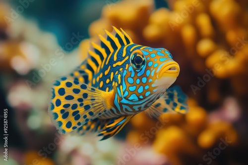 Colorful harlequin sweetlips (plectorhinchus chaetodonoides) in coral reef scene photo