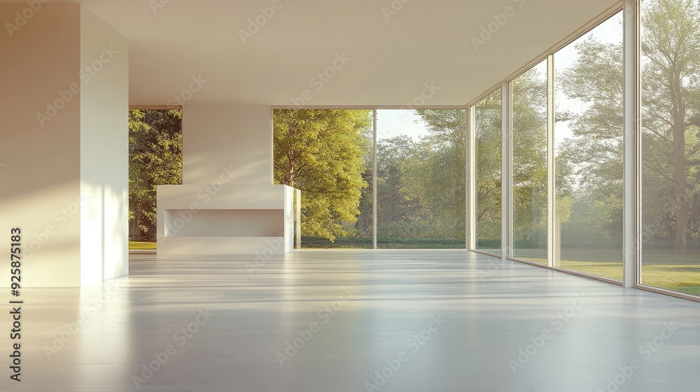 Fototapeta premium A modern, minimalist empty room with expansive windows letting in abundant natural light, highlighting the open space.