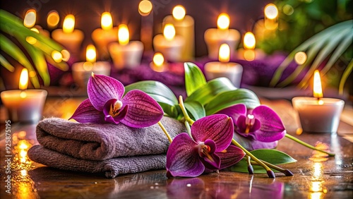 Close-up of vibrant purple Masdevallia Orchids in elegant spa setting with soft towels photo