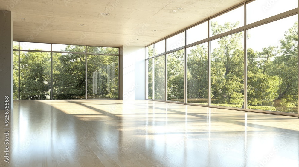 Obraz premium A modern, minimalist empty room with expansive windows letting in abundant natural light, highlighting the open space.