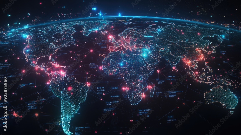 A network of global business hubs represented on a digital map. A network of global business hubs represented on a digital map.
